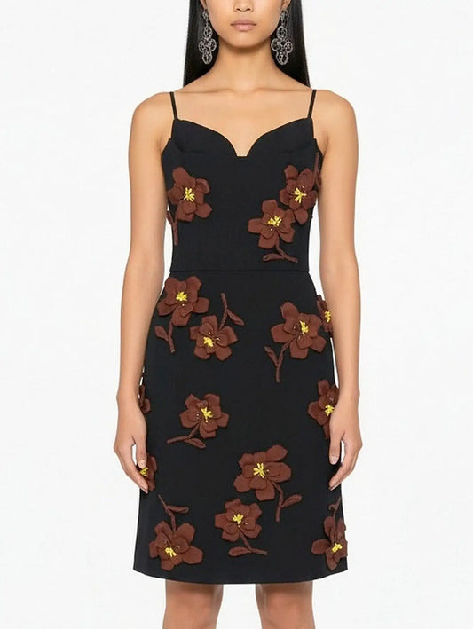3D Floral Wool-Twill Midi Dress - Small - Dresses