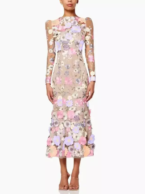 3D Multicolor Floral Appliques Mesh-Overlay Midi Dress - Branna Couture