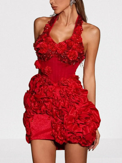 3D Red Floral Halter Corset Mini Dress - Small - Dresses