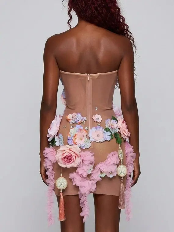 3D Floral Appliqué Sheer Mesh Mini Dress - Dresses