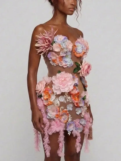 3D Floral Appliqué Sheer Mesh Mini Dress - Dresses