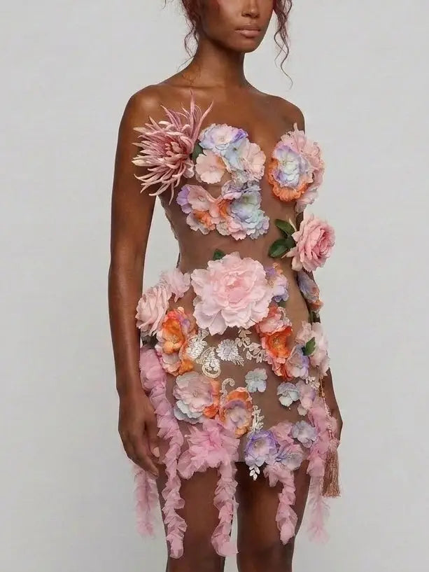 3D Floral Appliqué Sheer Mesh Mini Dress - Dresses
