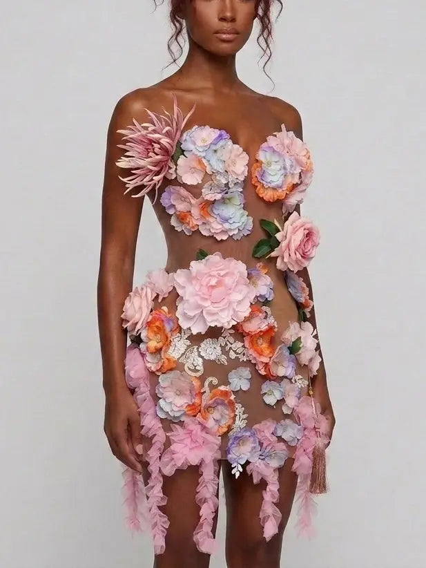 3D Floral Appliqué Sheer Mesh Mini Dress - Dresses