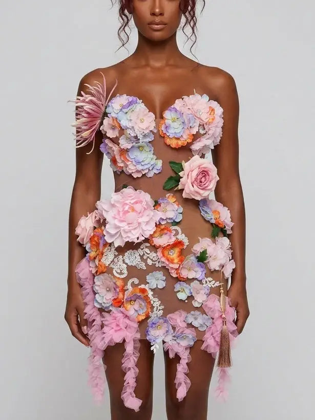 3D Floral Appliqué Sheer Mesh Mini Dress - Dresses