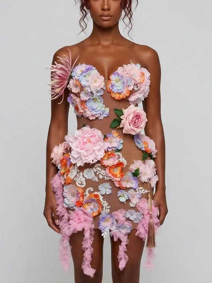 3D Floral Appliqué Sheer Mesh Mini Dress - Dresses