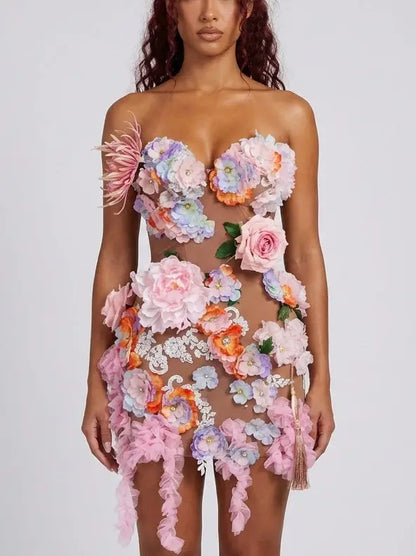 3D Floral Appliqué Sheer Mesh Mini Dress - Dresses