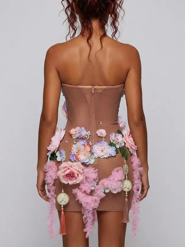 3D Floral Appliqué Sheer Mesh Mini Dress - Dresses