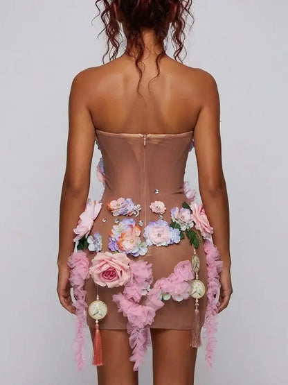 3D Floral Appliqué Sheer Mesh Mini Dress - Dresses
