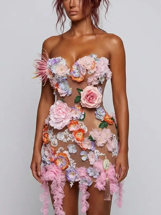 3D Floral Appliqué Sheer Mesh Mini Dress - Dresses