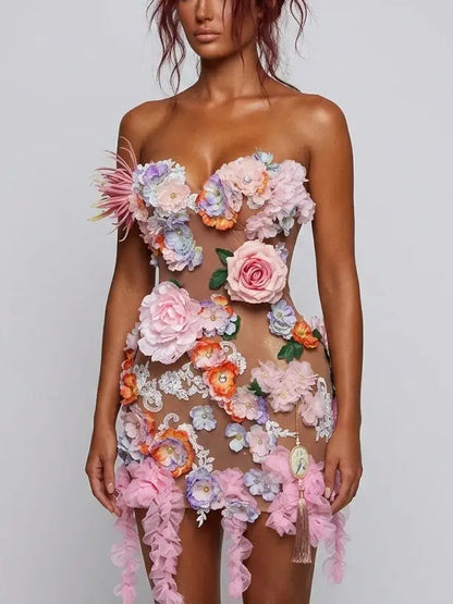 3D Floral Appliqué Sheer Mesh Mini Dress - Dresses