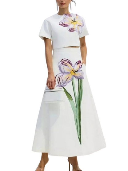 3D Floral Appliqued Crop Top and Flared Skirt Set - S / White - Suits & Sets