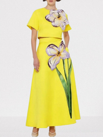 3D Floral Appliqued Crop Top and Flared Skirt Set - Suits & Sets
