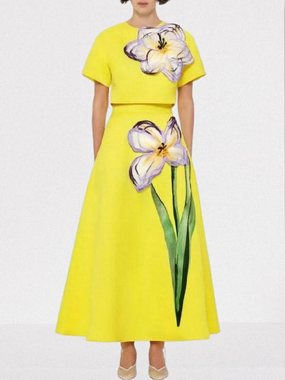 3D Floral Appliqued Crop Top and Flared Skirt Set - S / Yellow - Suits & Sets