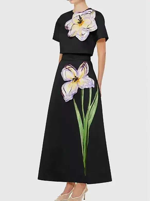 3D Floral Appliqued Crop Top and Flared Skirt Set - Suits & Sets