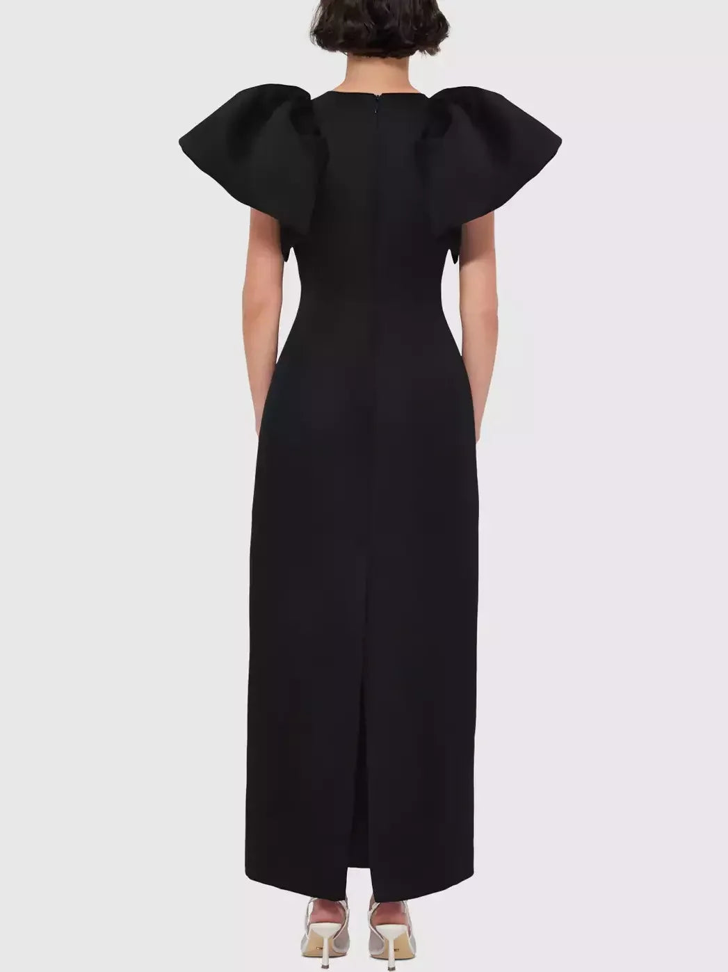 3D Floral Appliqued Puff-Sleeve Black Maxi Dress - Dresses