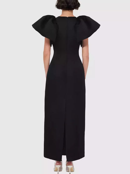 3D Floral Appliqued Puff-Sleeve Black Maxi Dress - Dresses