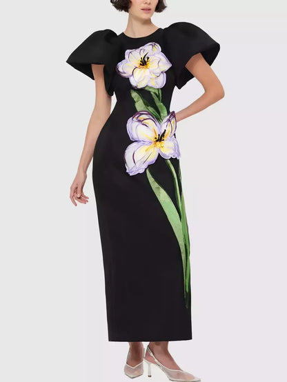 3D Floral Appliqued Puff-Sleeve Black Maxi Dress - Dresses