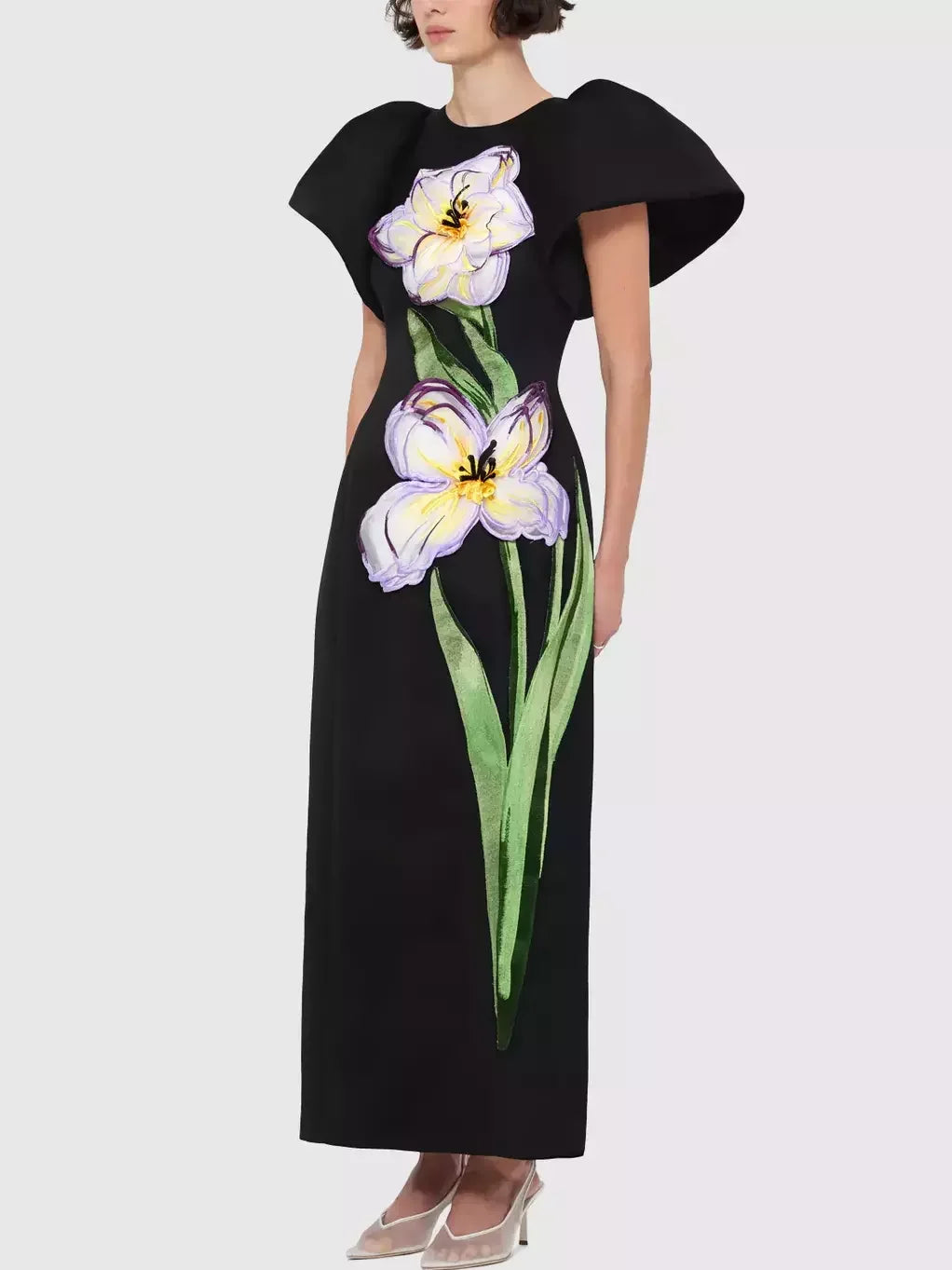 3D Floral Appliqued Puff-Sleeve Black Maxi Dress - Dresses