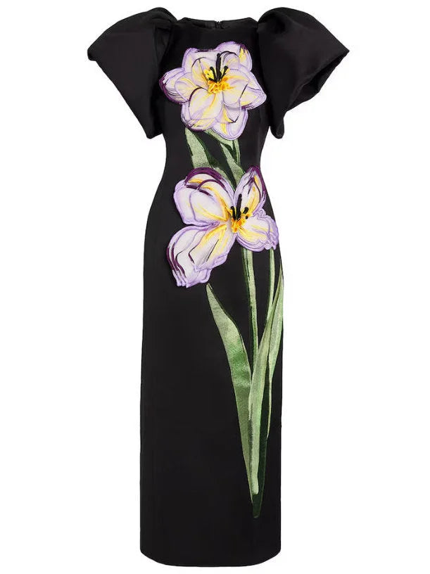 3D Floral Appliqued Puff-Sleeve Black Maxi Dress - Dresses