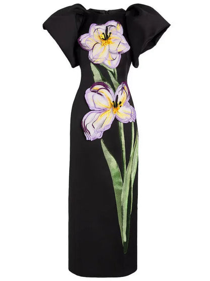 3D Floral Appliqued Puff-Sleeve Black Maxi Dress - Dresses