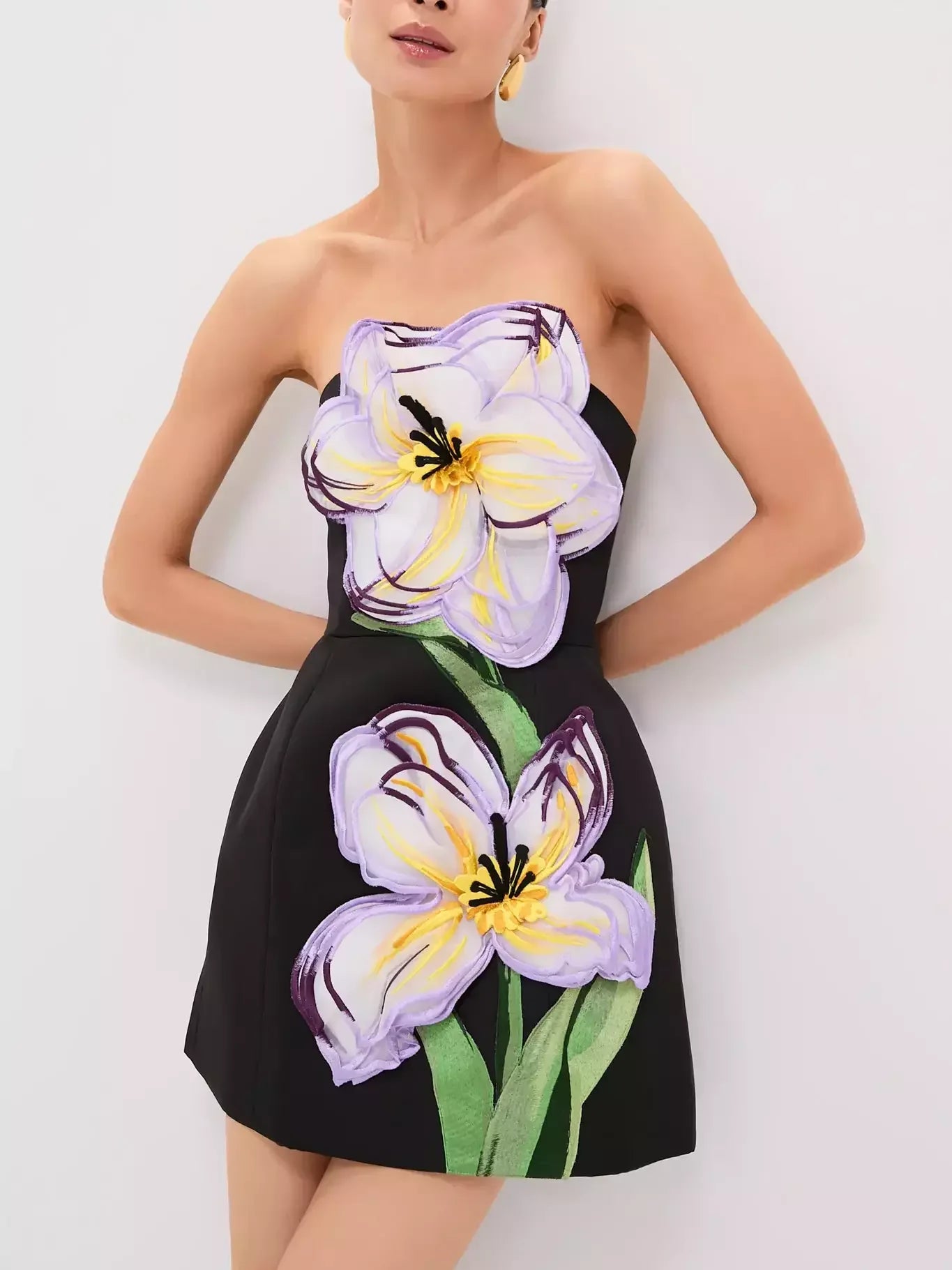 3D Floral Appliqued Strapless Mini Dress - Dresses