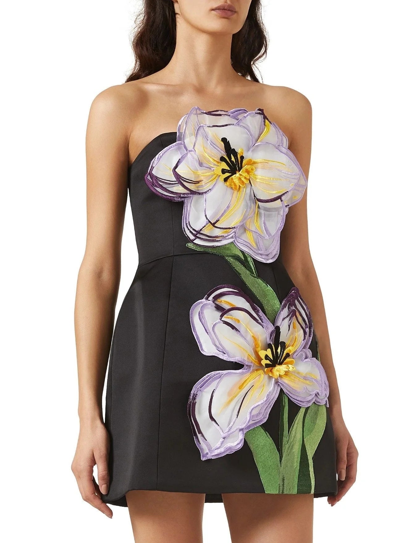 3D Floral Appliqued Strapless Mini Dress - Dresses