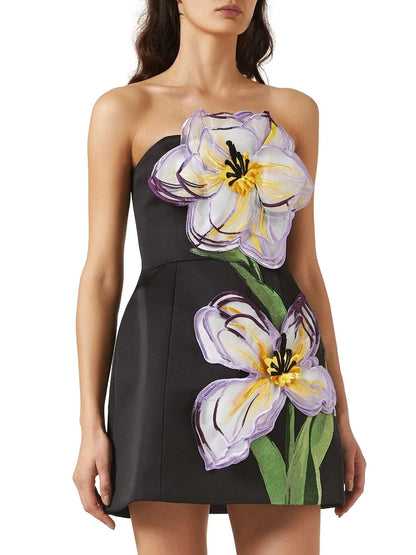 3D Floral Appliqued Strapless Mini Dress - Dresses