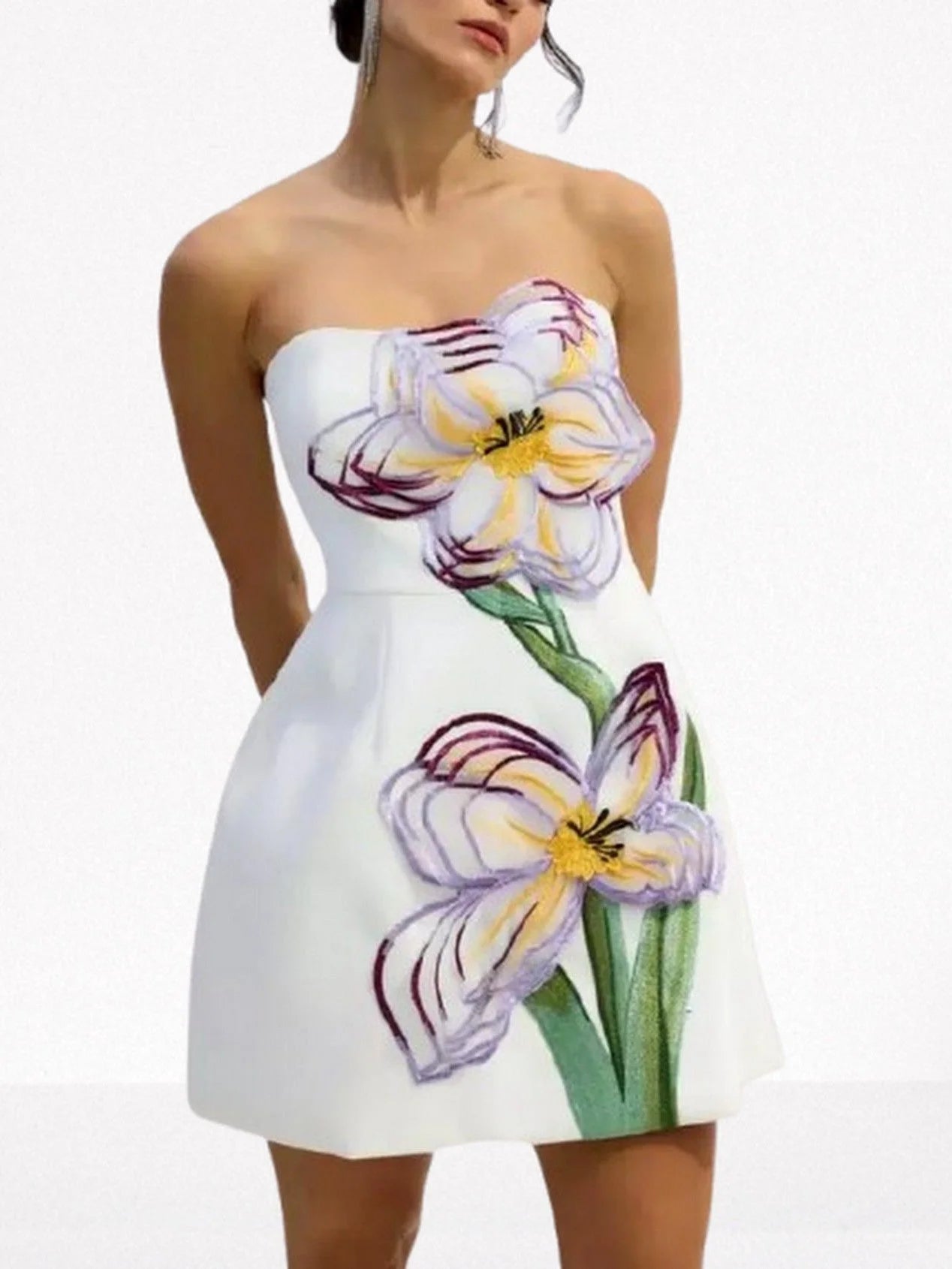 3D Floral Appliqued Strapless Mini Dress - Dresses