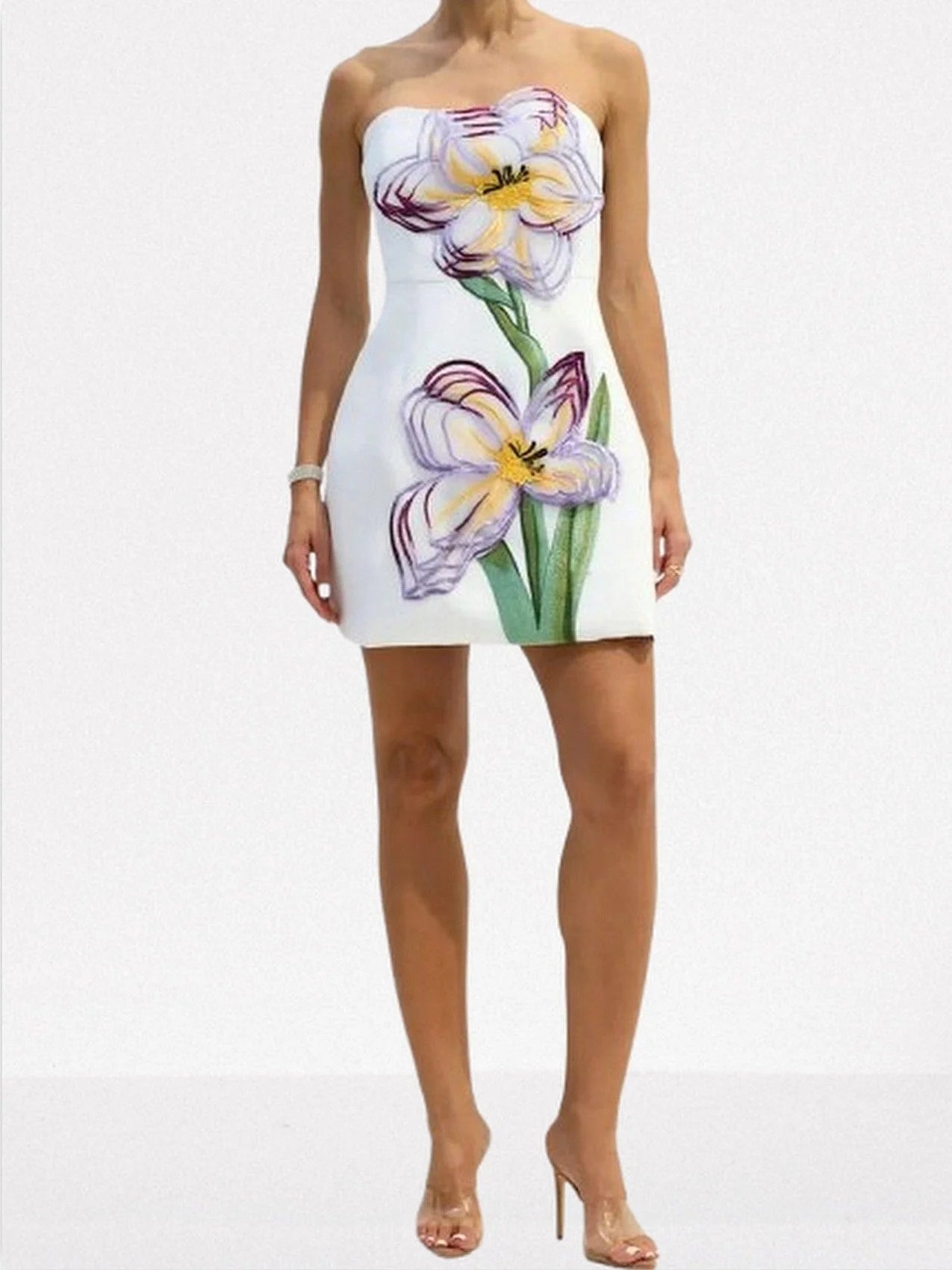 3D Floral Appliqued Strapless Mini Dress - Dresses