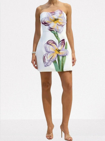 3D Floral Appliqued Strapless Mini Dress - Dresses