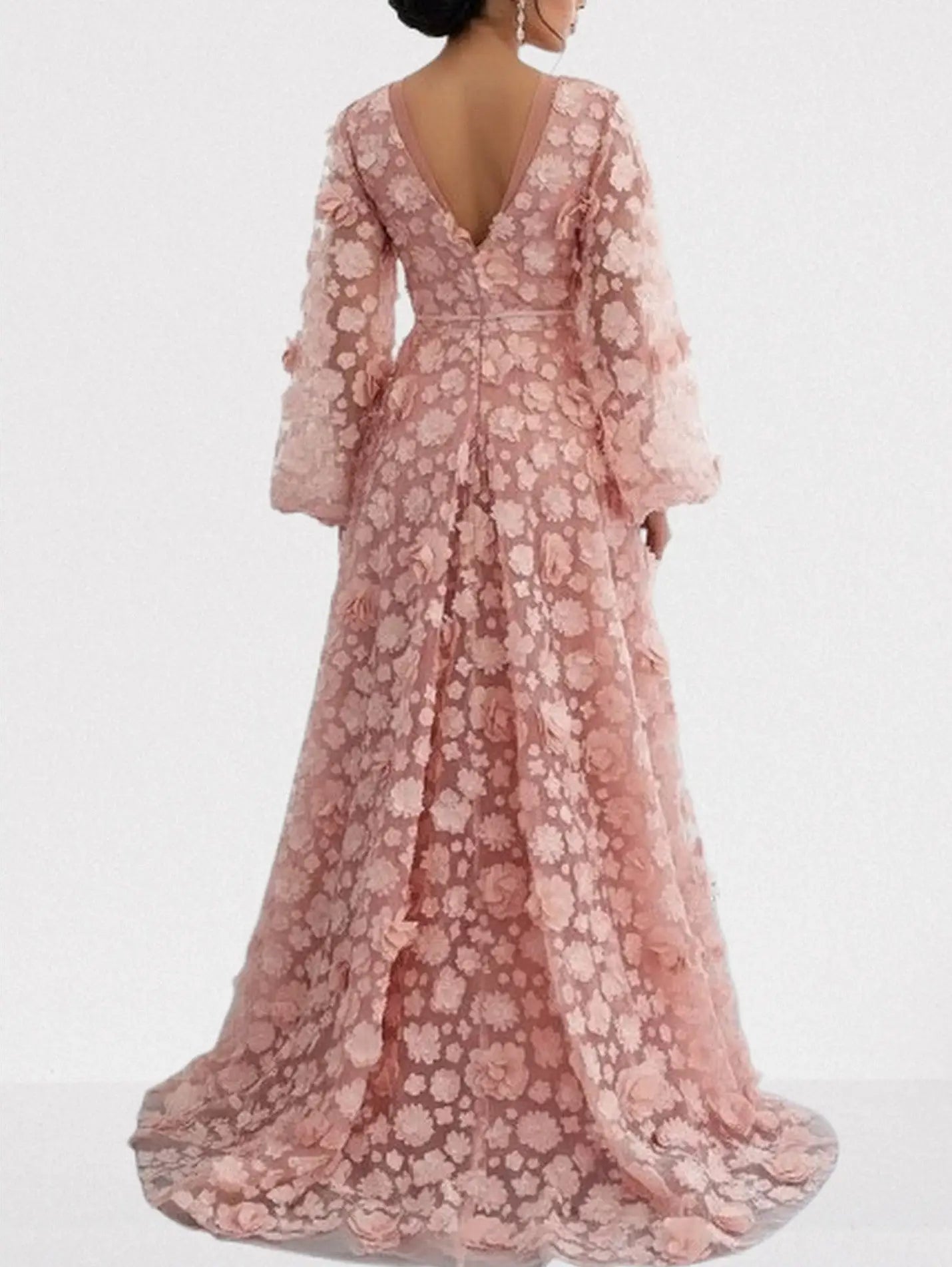 3D Floral Appliqués Blush-Pink Tulle Gown - Dresses