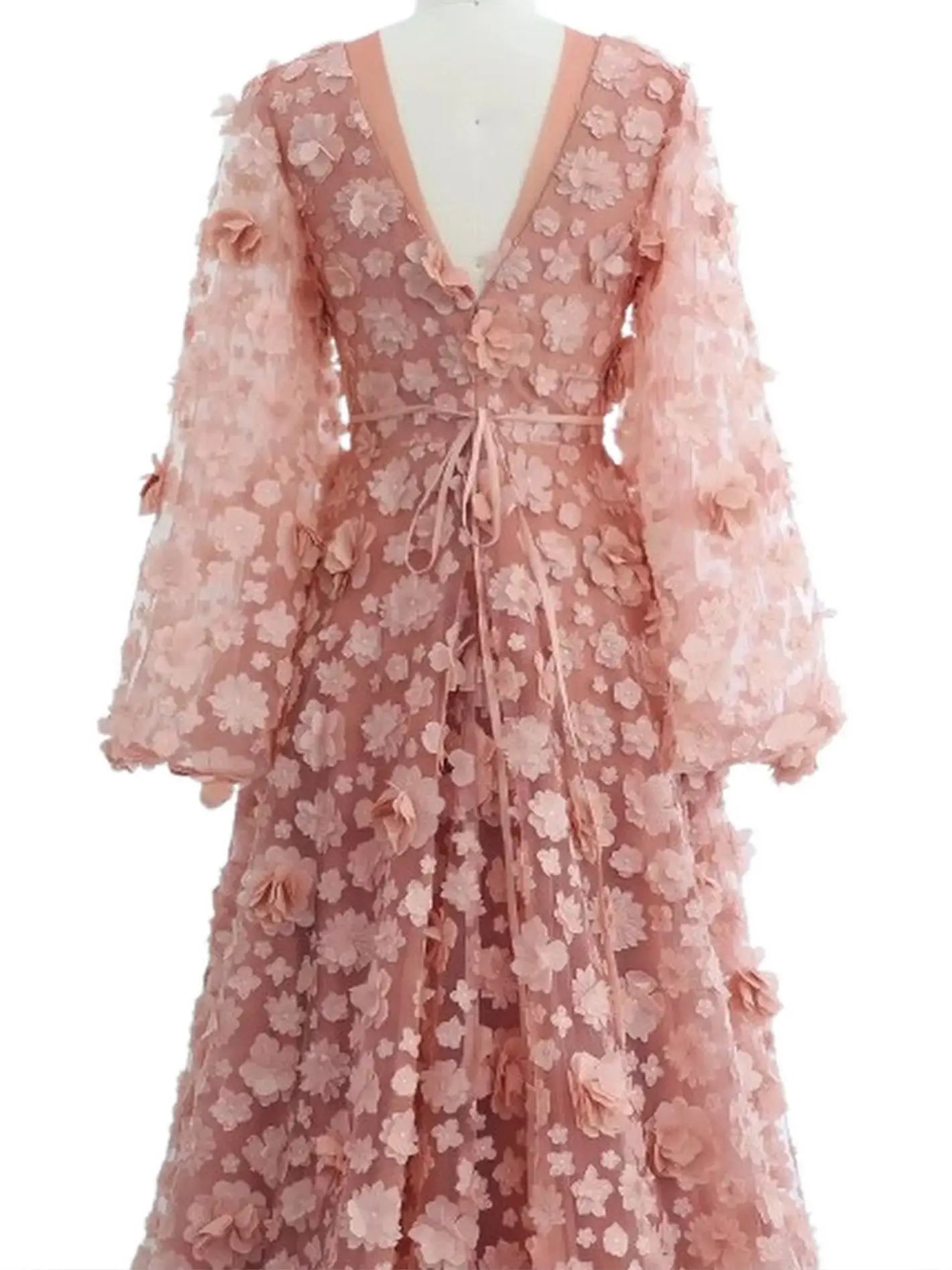 3D Floral Appliqués Blush-Pink Tulle Gown - Dresses