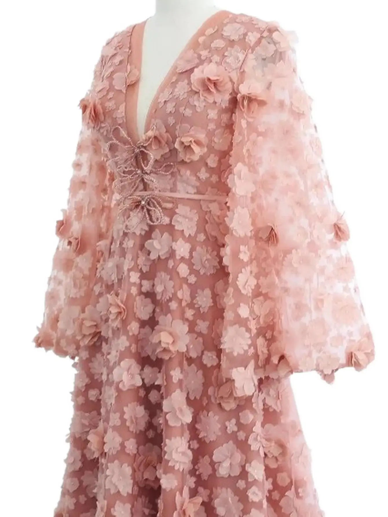 3D Floral Appliqués Blush-Pink Tulle Gown - Dresses