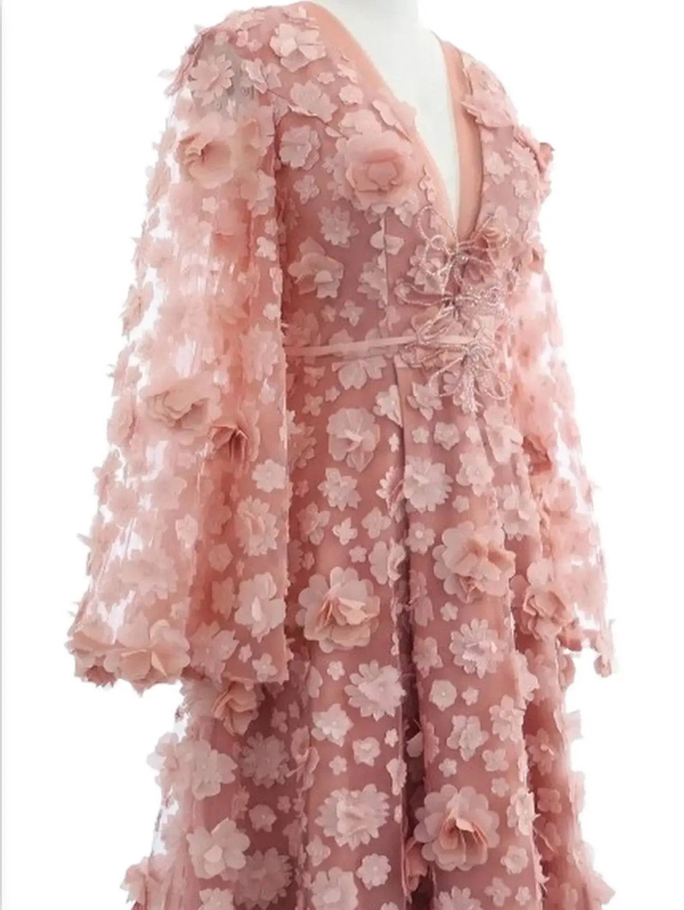 3D Floral Appliqués Blush-Pink Tulle Gown - Dresses