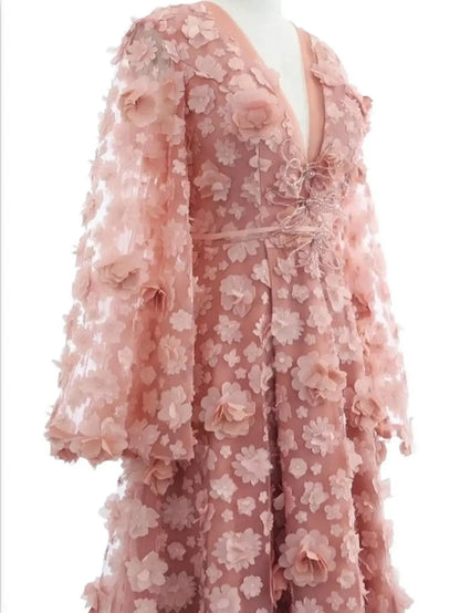 3D Floral Appliqués Blush-Pink Tulle Gown - Dresses