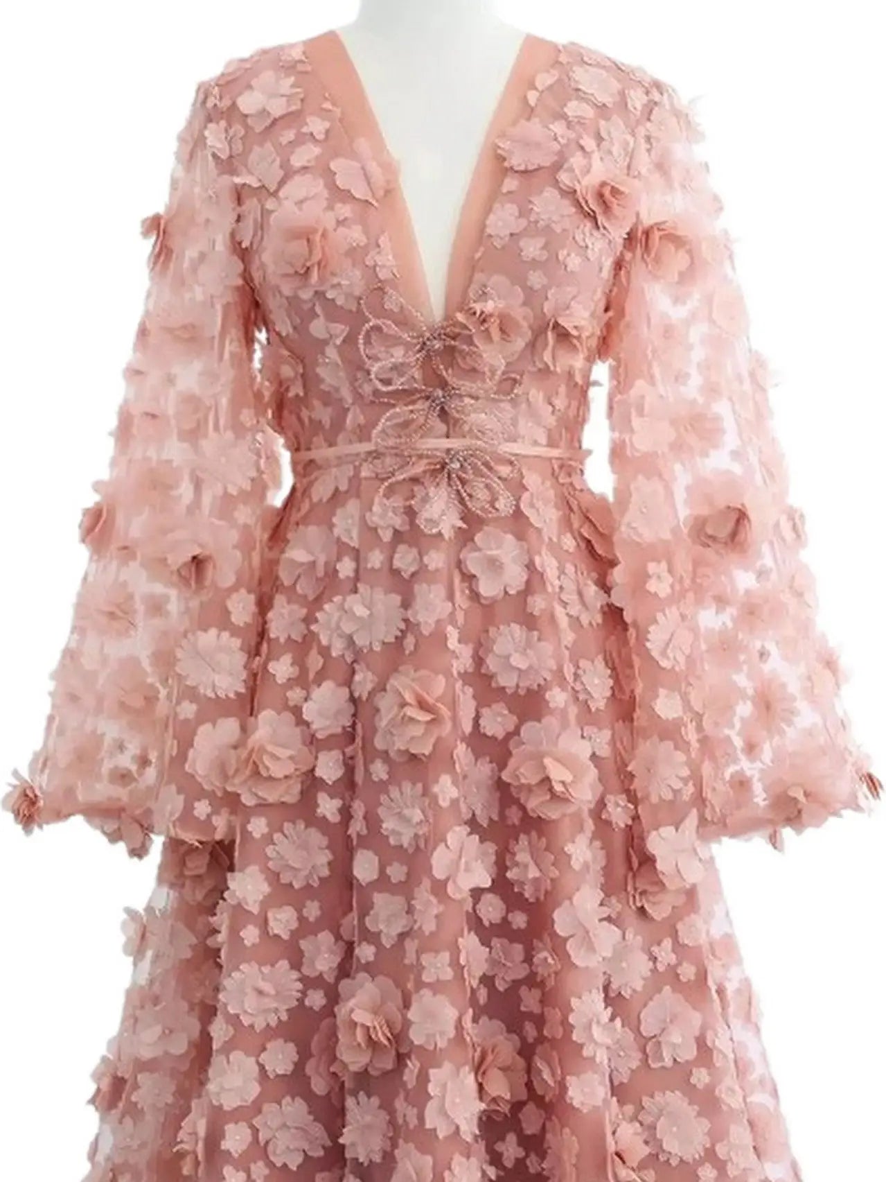 3D Floral Appliqués Blush-Pink Tulle Gown - Dresses