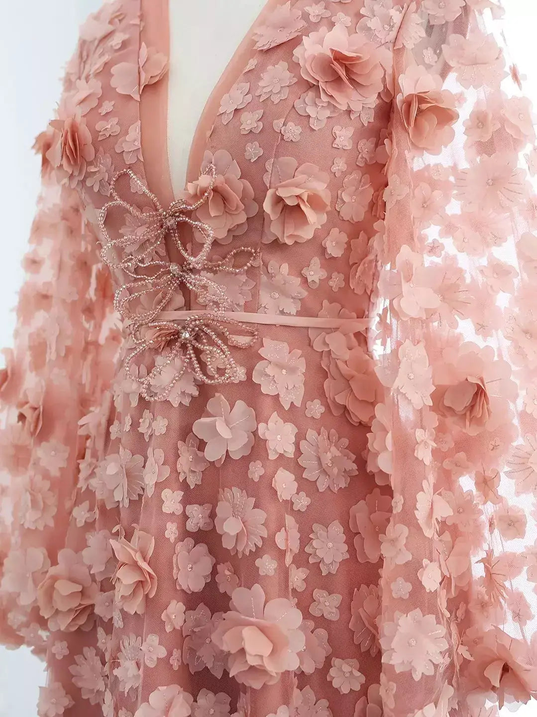 3D Floral Appliqués Blush-Pink Tulle Gown - Dresses