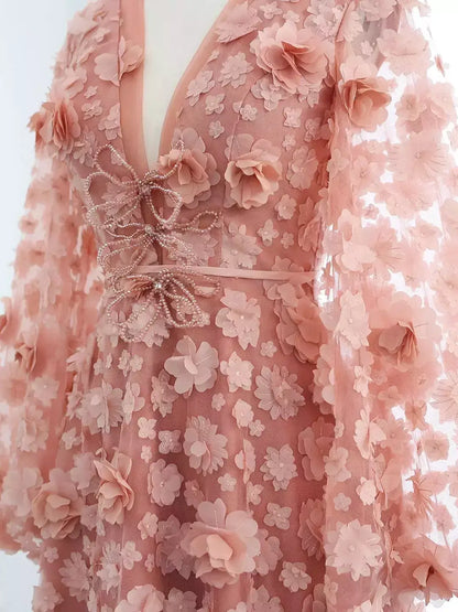3D Floral Appliqués Blush-Pink Tulle Gown - Dresses