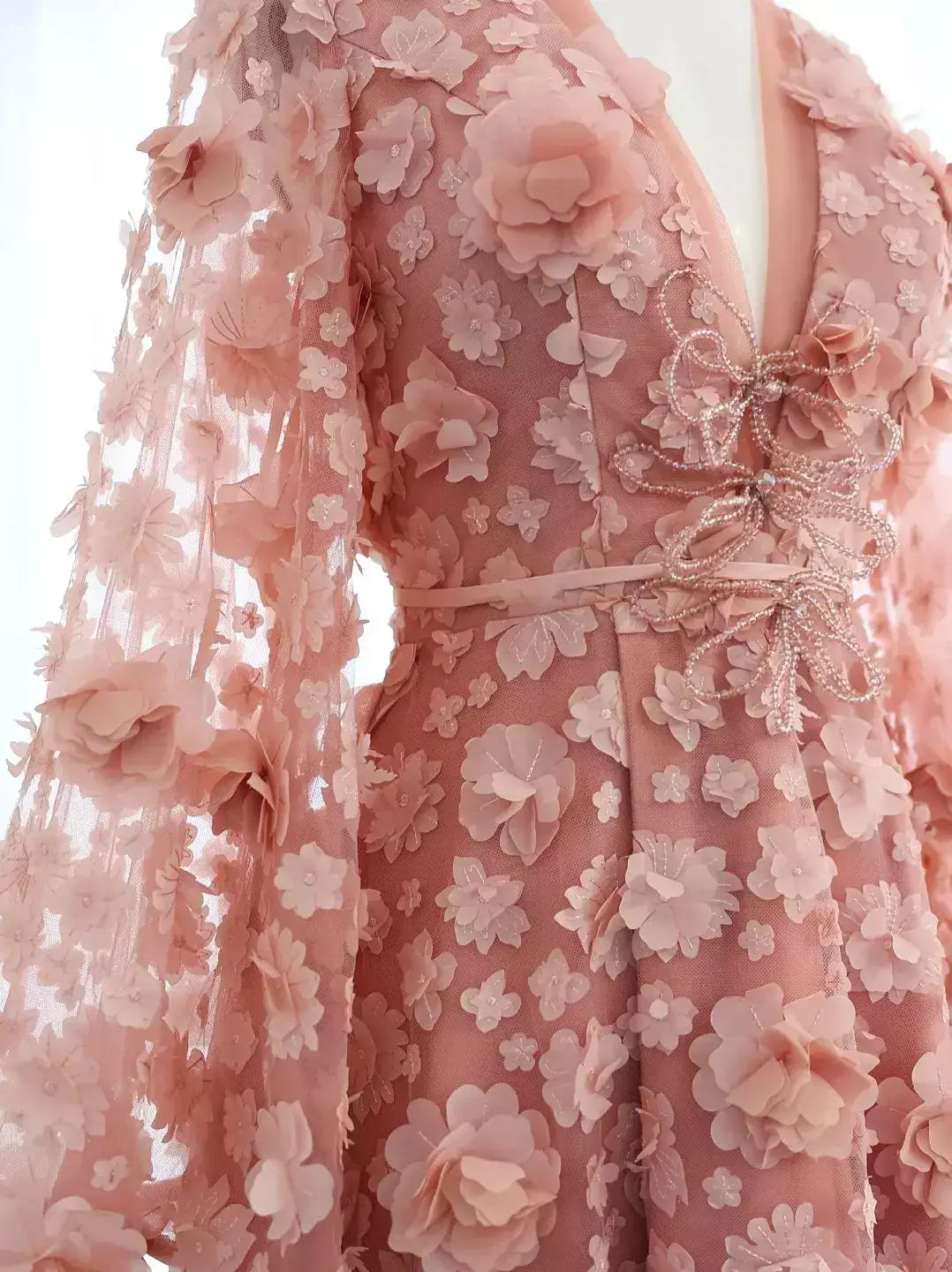 3D Floral Appliqués Blush-Pink Tulle Gown - Dresses