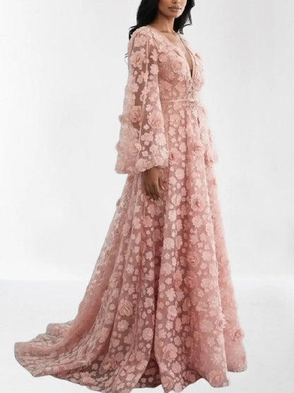 3D Floral Appliqués Blush-Pink Tulle Gown - Dresses