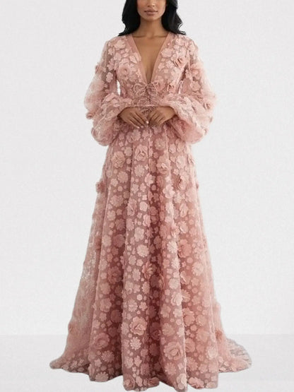 3D Floral Appliqués Blush-Pink Tulle Gown - Dresses