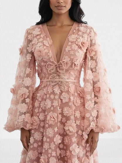 3D Floral Appliqués Blush-Pink Tulle Gown - Dresses