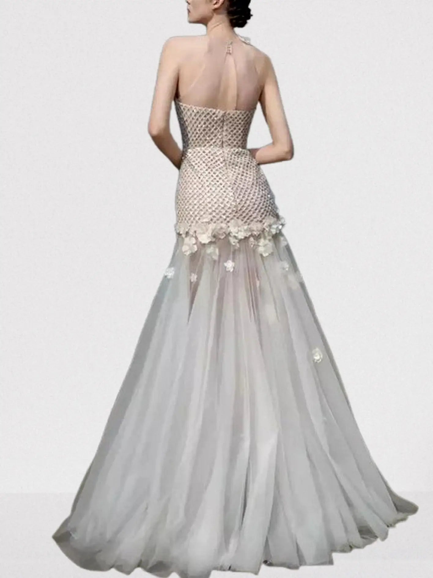 3D Floral Appliques Halterneck Sequined Tulle Gown - Dresses