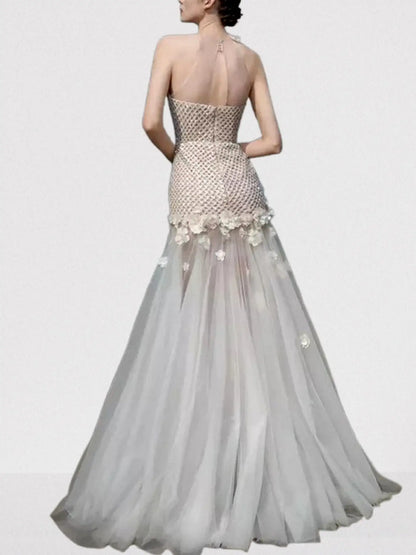 3D Floral Appliques Halterneck Sequined Tulle Gown - Dresses
