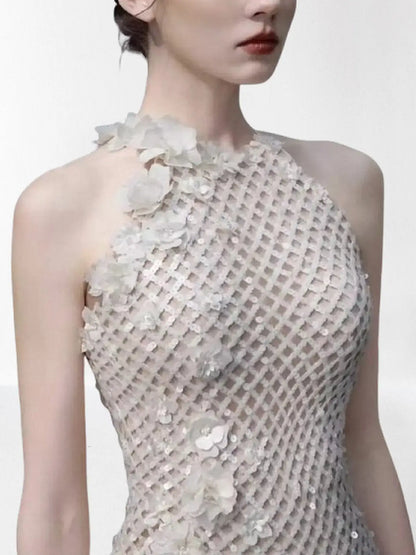 3D Floral Appliques Halterneck Sequined Tulle Gown - Dresses