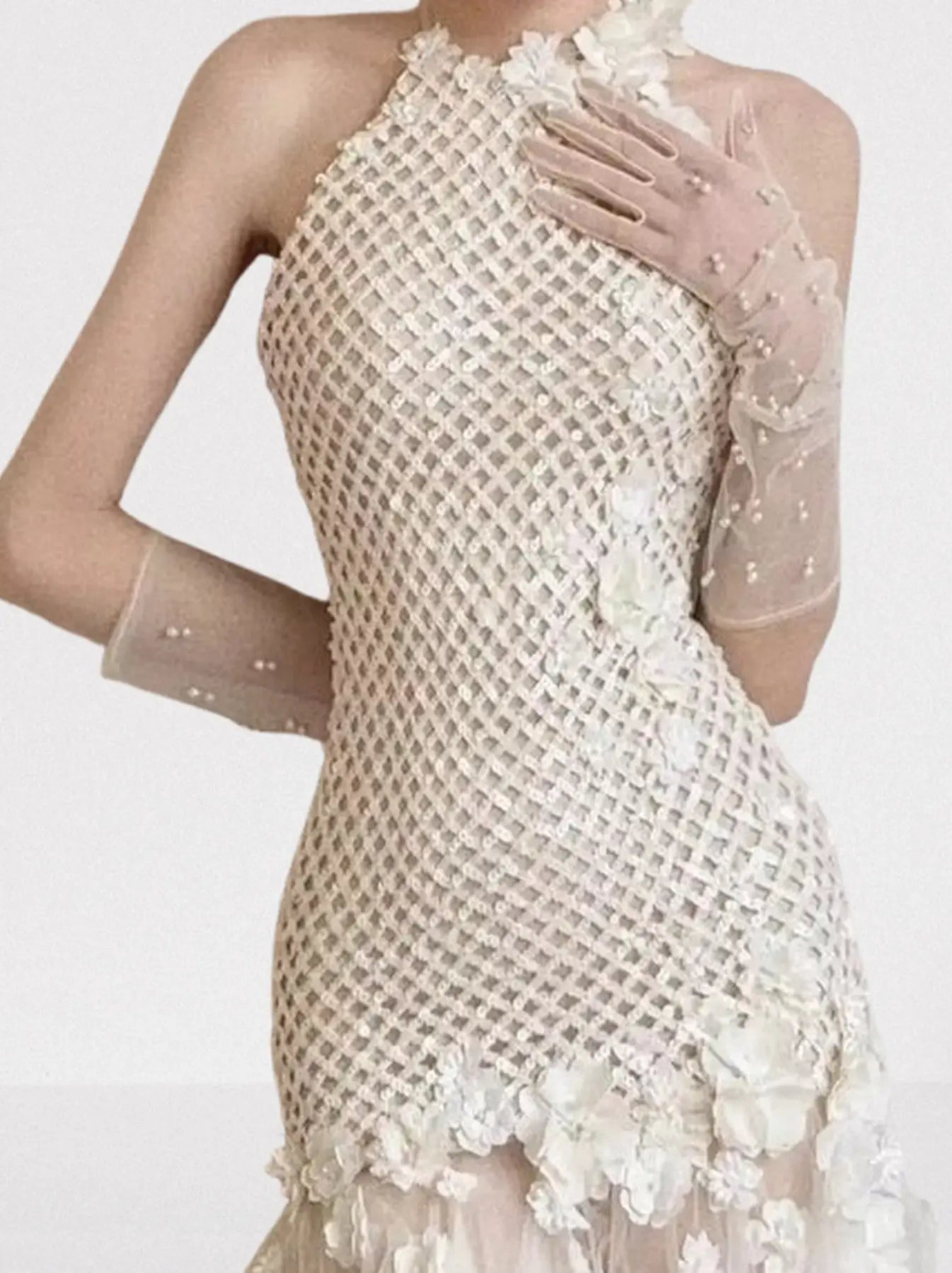 3D Floral Appliques Halterneck Sequined Tulle Gown - Dresses