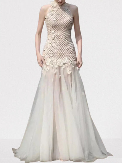 3D Floral Appliques Halterneck Sequined Tulle Gown - Dresses