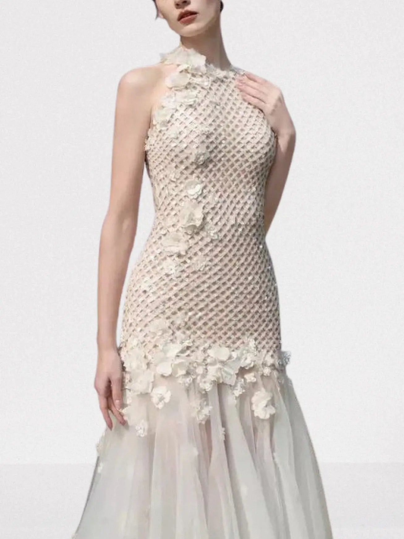 3D Floral Appliques Halterneck Sequined Tulle Gown - Dresses