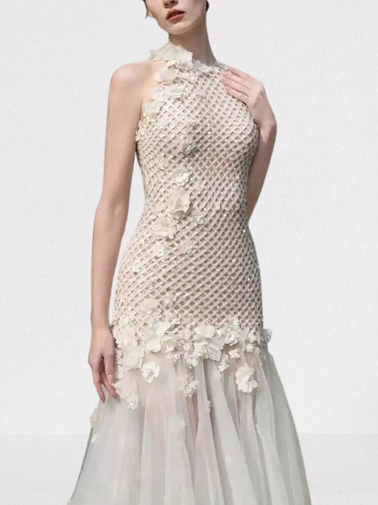 3D Floral Appliques Halterneck Sequined Tulle Gown - Dresses