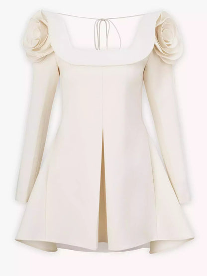 3D Floral Appliques Long-Sleeve Ivory Mini Dress - Dresses